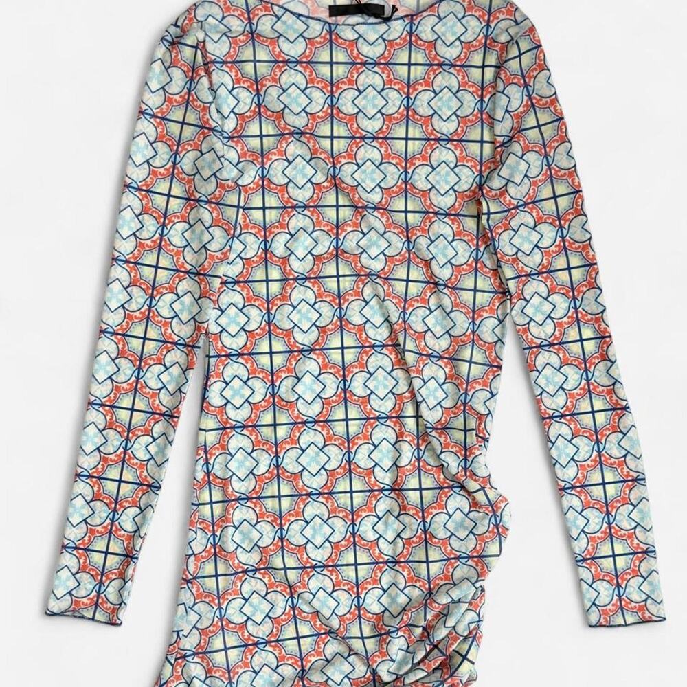 RtA Leonor Printed Mesh Mini Dress Women’s Large L Blue Orange Long Sleeve NWT